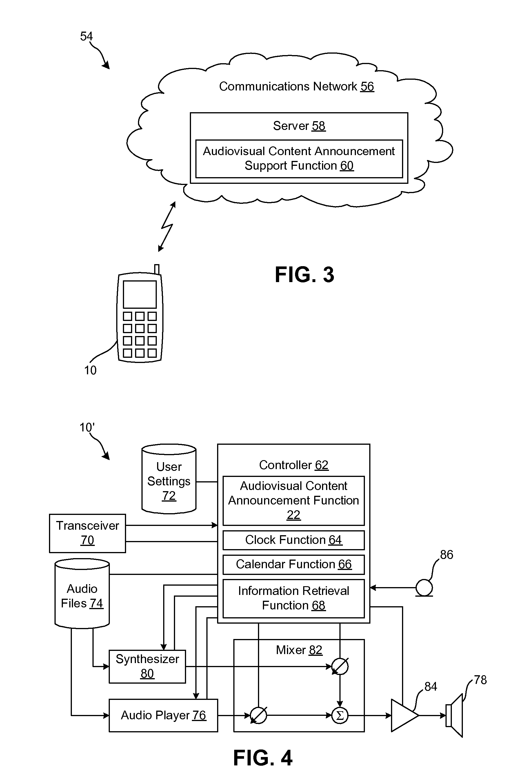 Method and system for announcing audio and video content to a user of a mobile radio terminal