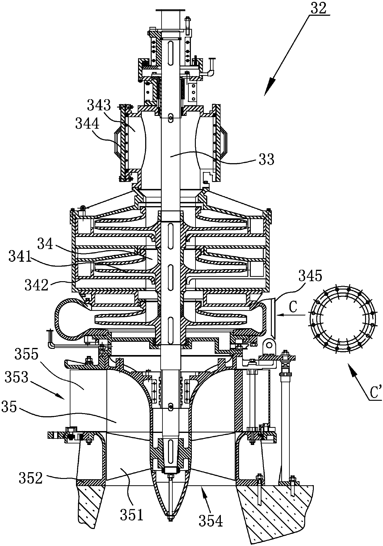 A dual-purpose three-stage water turbine pump for pumping hydropower generation and its installation method