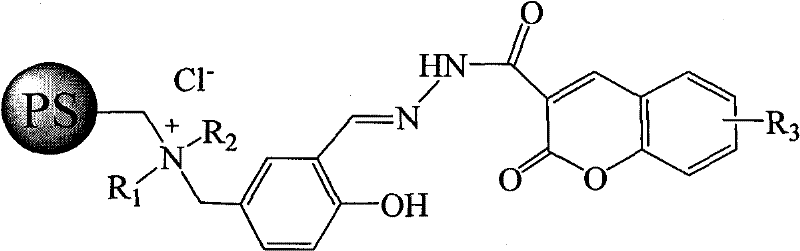 Multifunctional polystyrene chelating resin containing quaternary ammonium group and coumarin acylhydrazone and application thereof