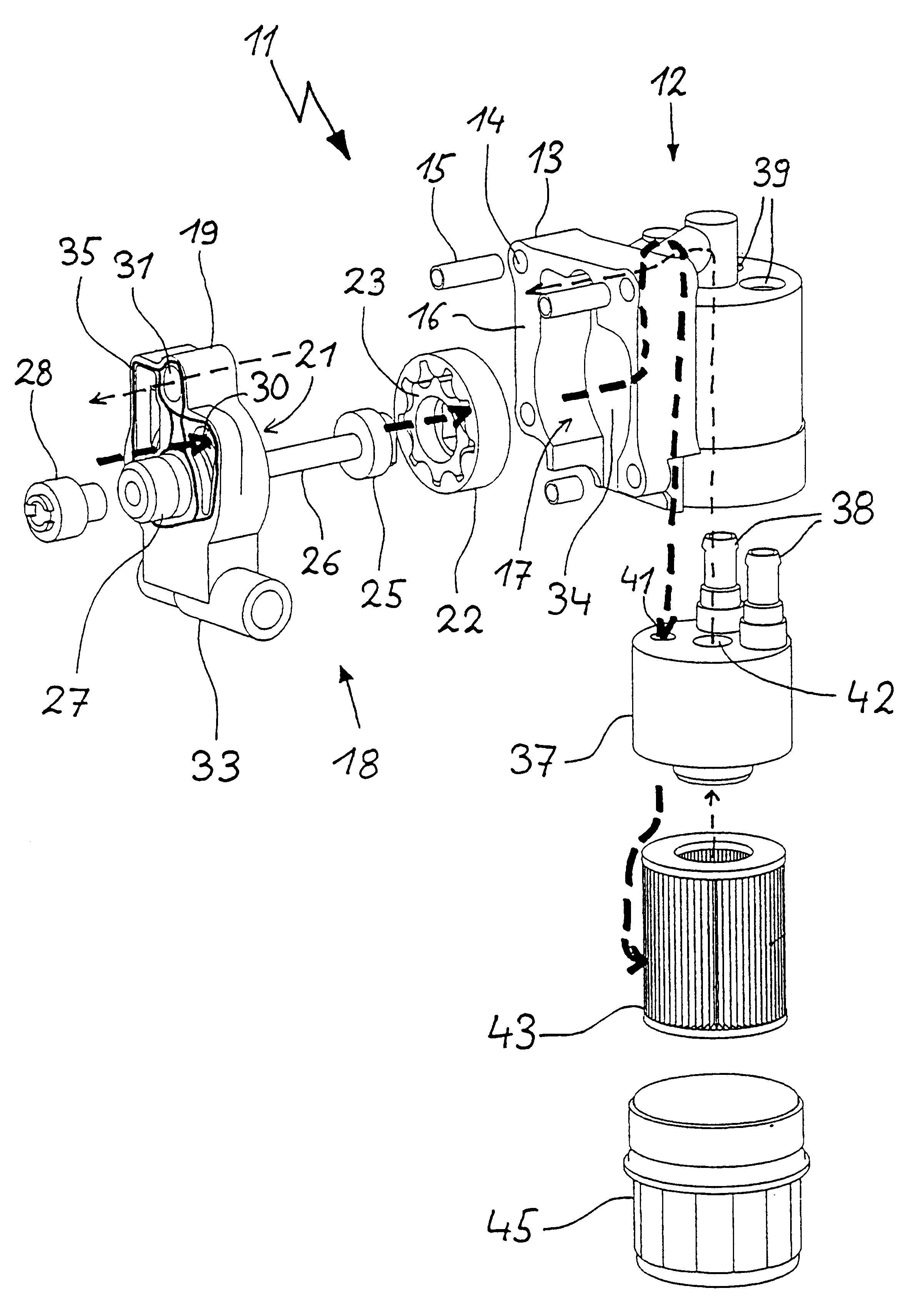 Oil pump module with filter in particular for internal combustion engine lubricating oil