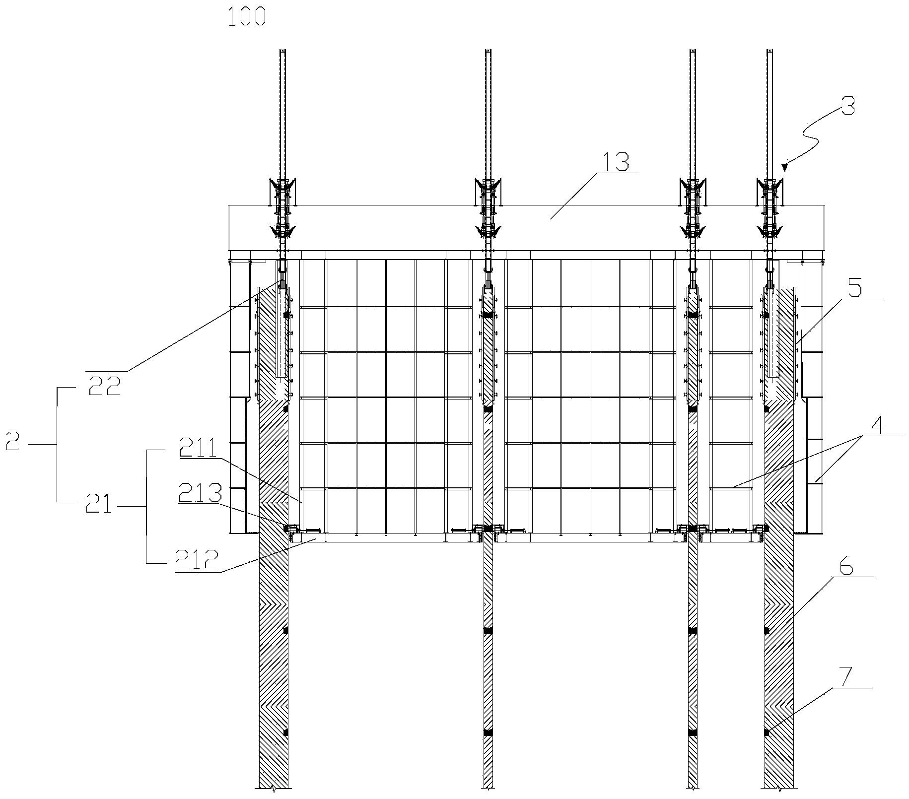Steel column drum rack support type hydraulic lifting overall steel platform cross truss layer construction method