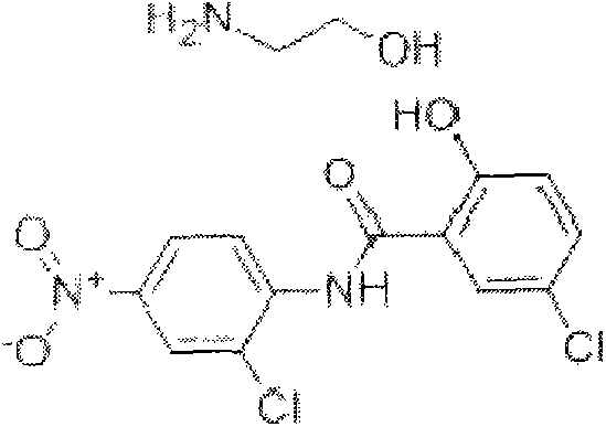 Composition of niclosamide/niclosamide ethanol amine salt effervescent tablet as well as method and application thereof