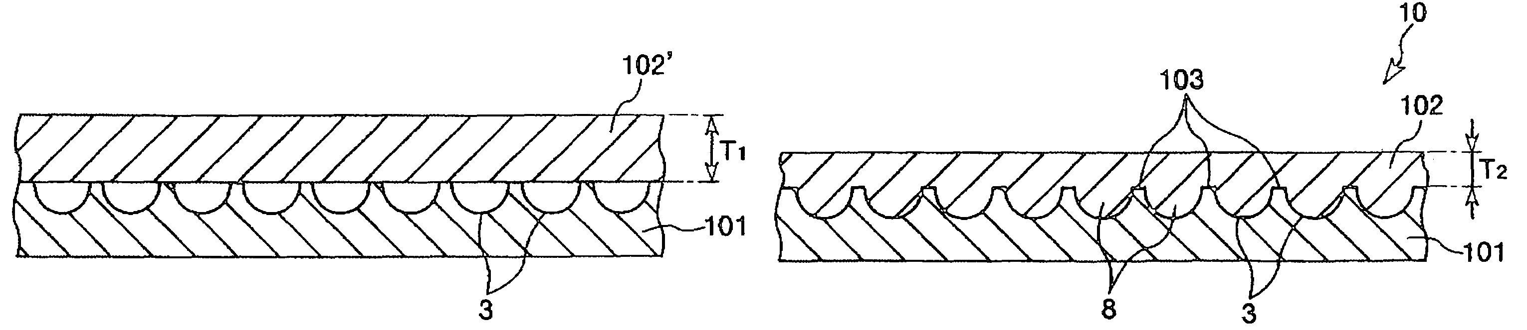 Method of manufacturing a microlens substrate comprising pressure-joining a substrate to a base material in a state that the base material is heated while cooling the other major surface of the base material