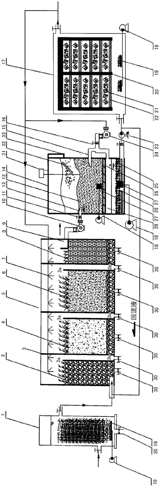 Water recycling treatment device and method in four-section upward soil infiltration system