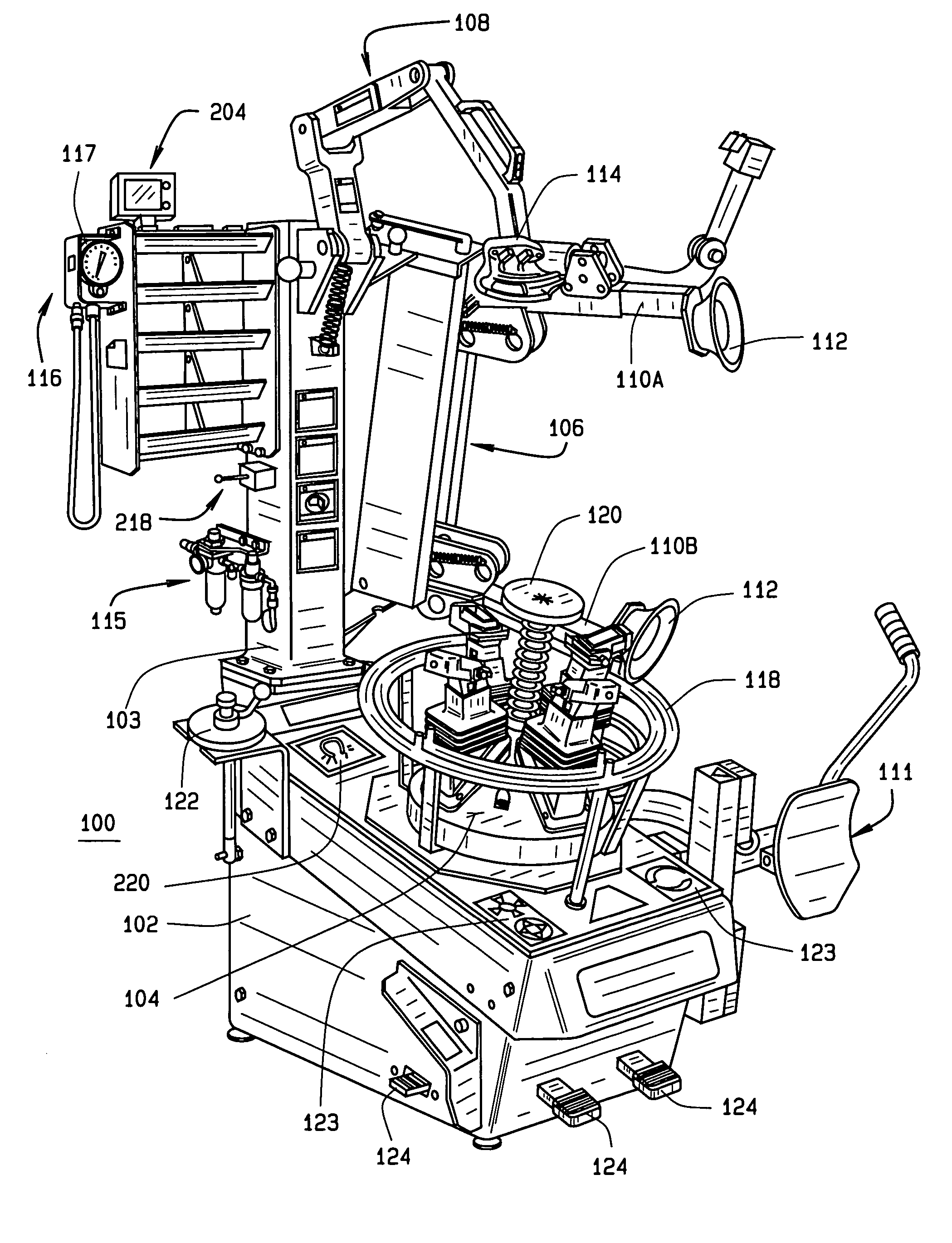 Vehicle tire changer with integrated detector for tire pressure sensors