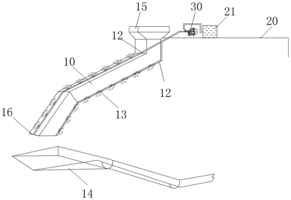 Concrete full-pipe chute transportation hanging flower pipe spray cooling system and method