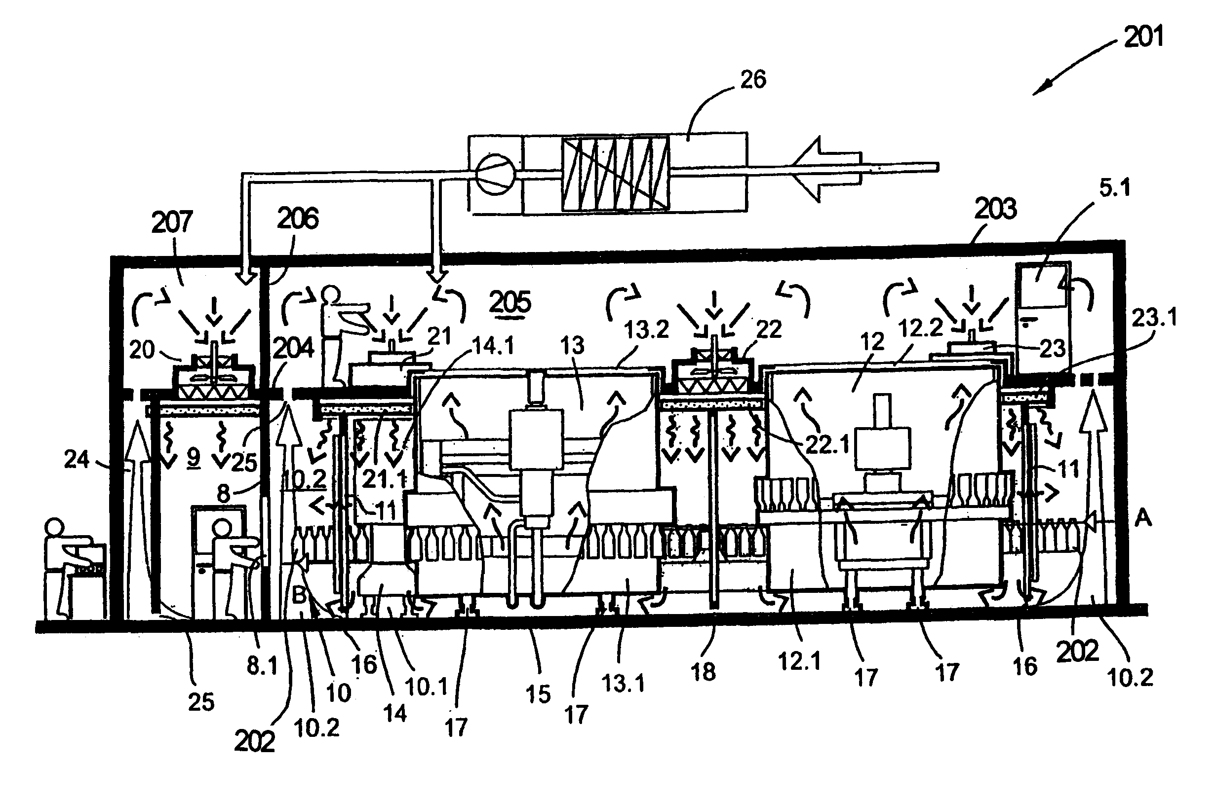 Aseptic bottling or container filling plant with a clean room arrangement enclosing the aseptic bottling or container filling plant and a filter unit for filtering air entering the clean room, and a method of operation thereof