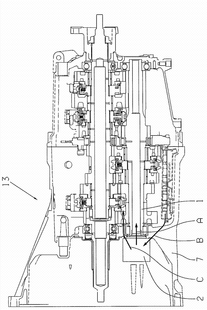Method and device for the internal oiling of a gear shaft that is arranged coaxially to the oil pump of a gearbox and drives the oil pump