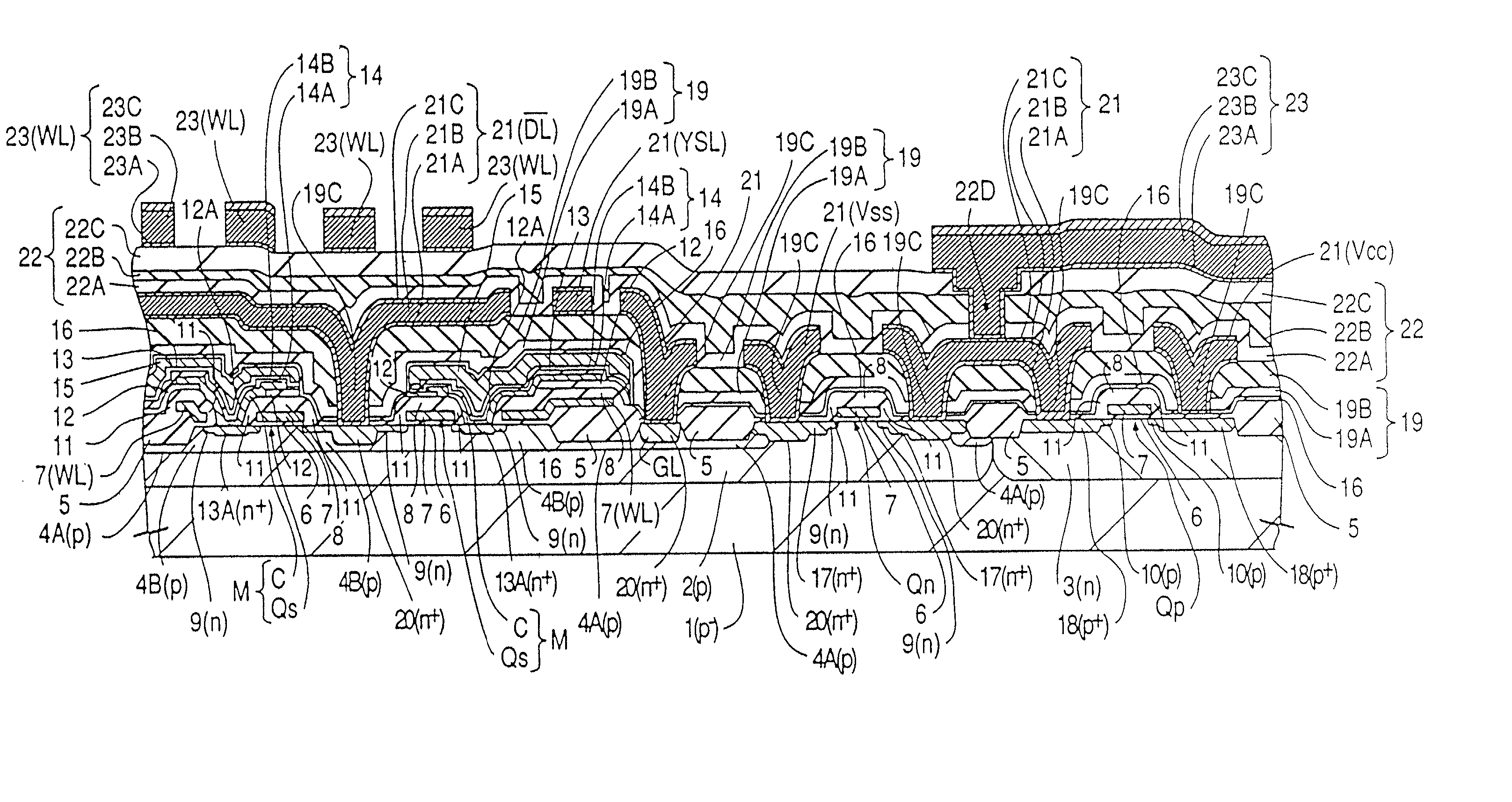 Semiconductor integrated circuit device having switching misfet and capacitor element and method of producing the same, including wiring therefor and method of producing such wiring
