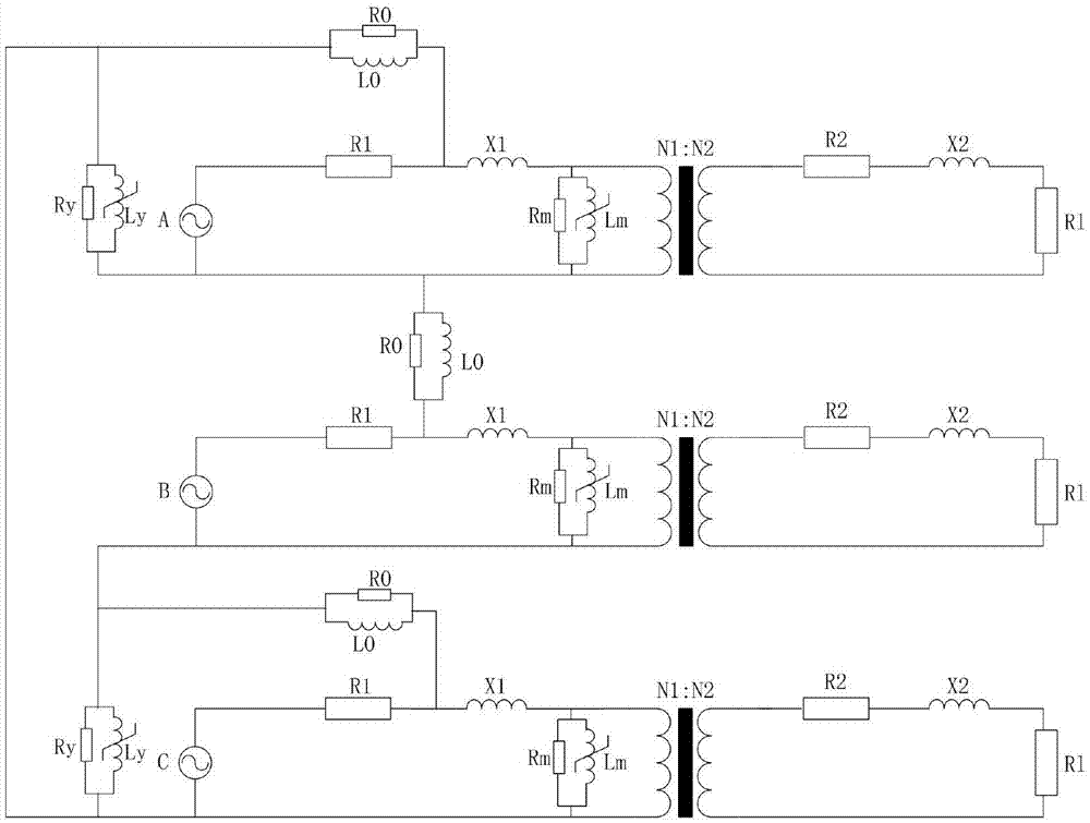 Duality-principle-equivalent-model-based residual flux measuring method for iron cores and yokes of three-phase three-core-limb transformer
