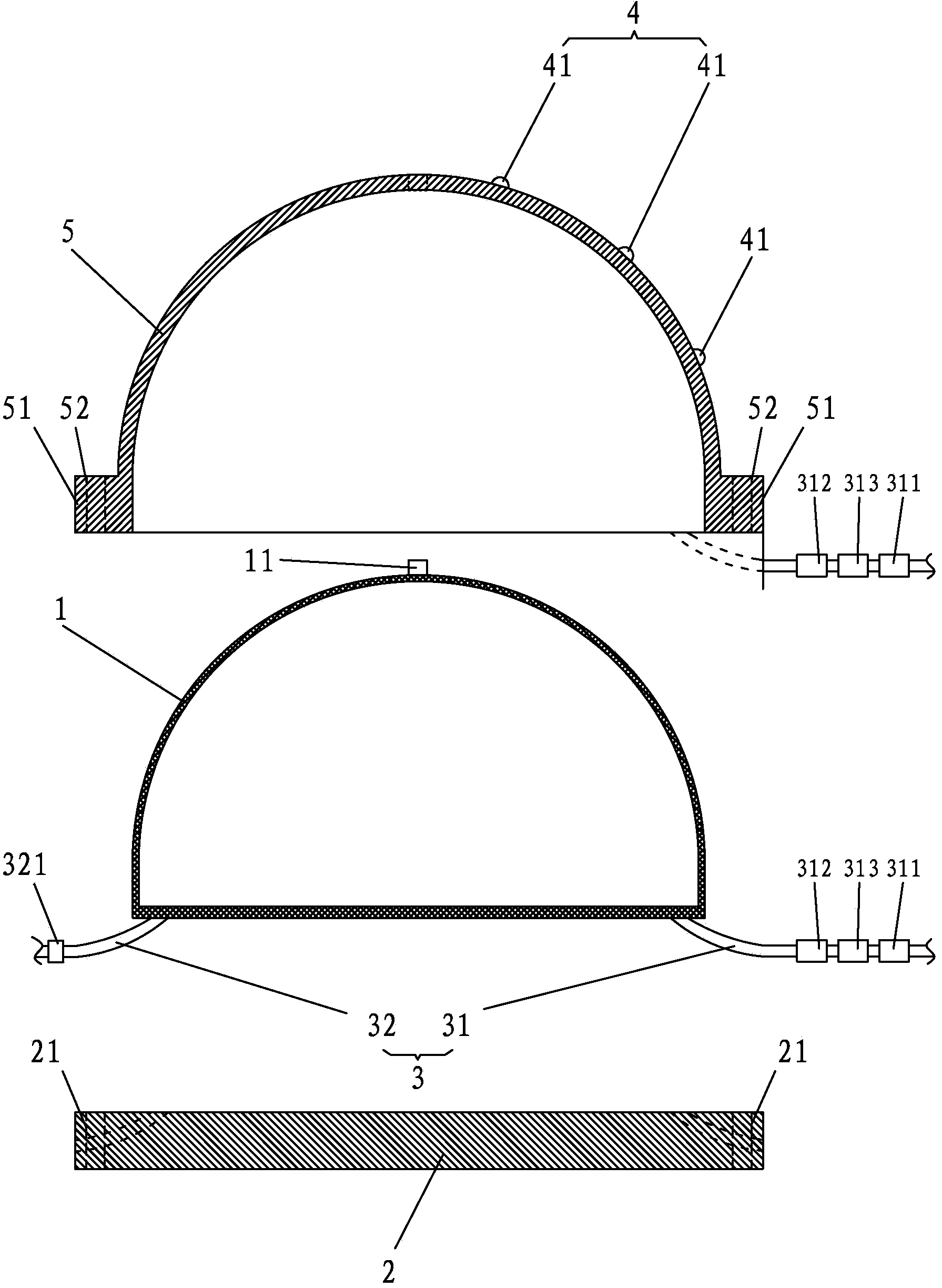 Novel inner pressure limit test device and method for concrete hemispherical shell