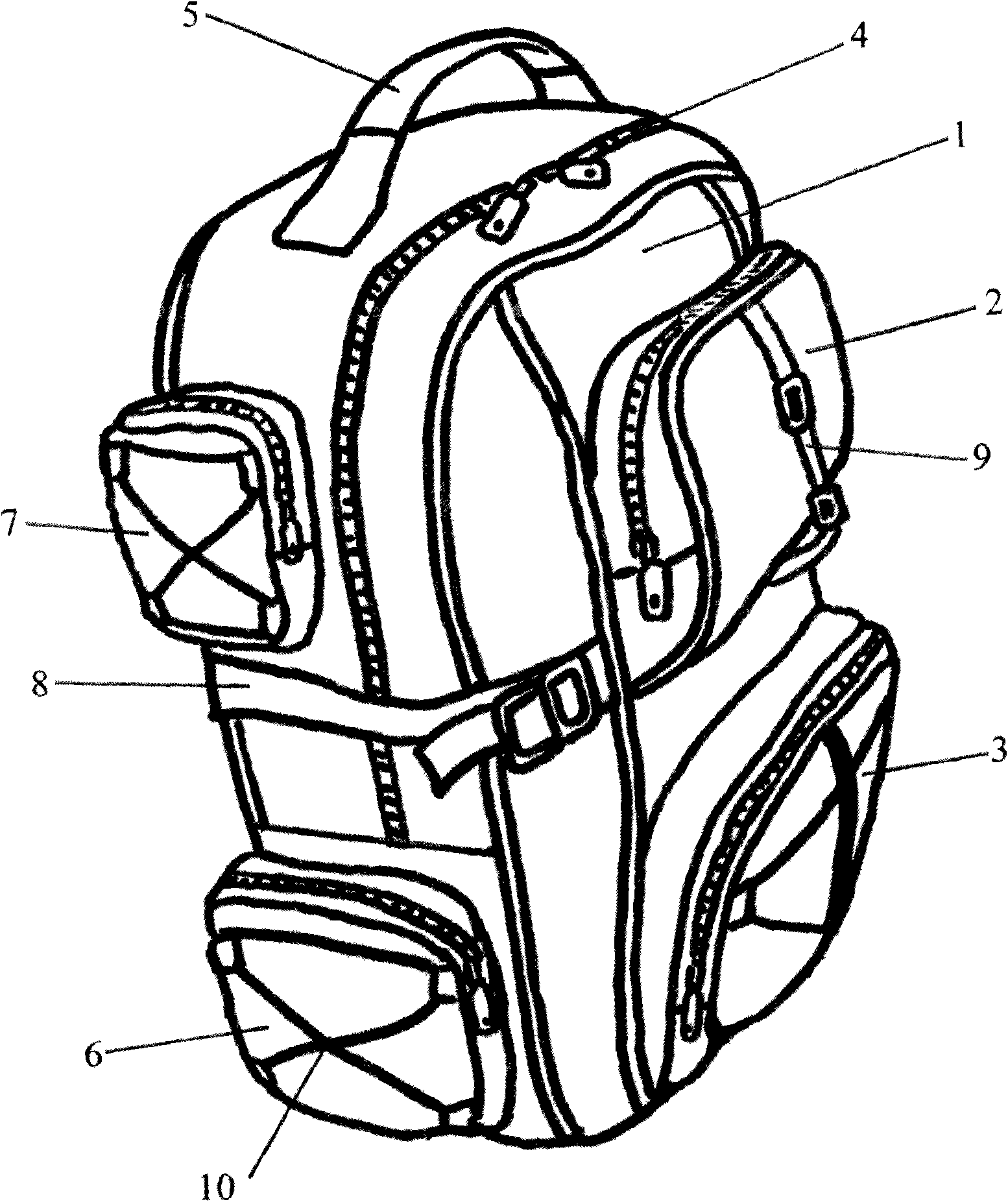 Backpack with reticulate pattern strips and six pockets
