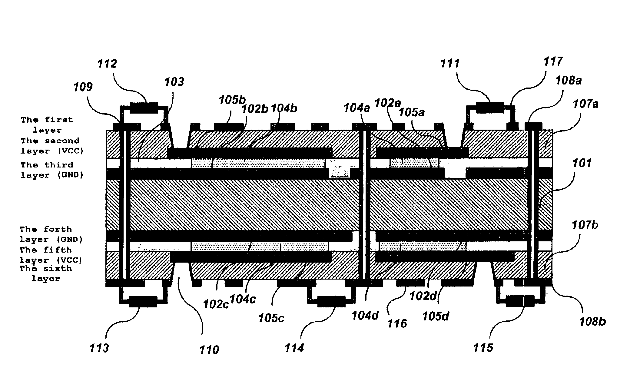 Printed circuit board with embedded capacitors therein, and process for manufacturing the same