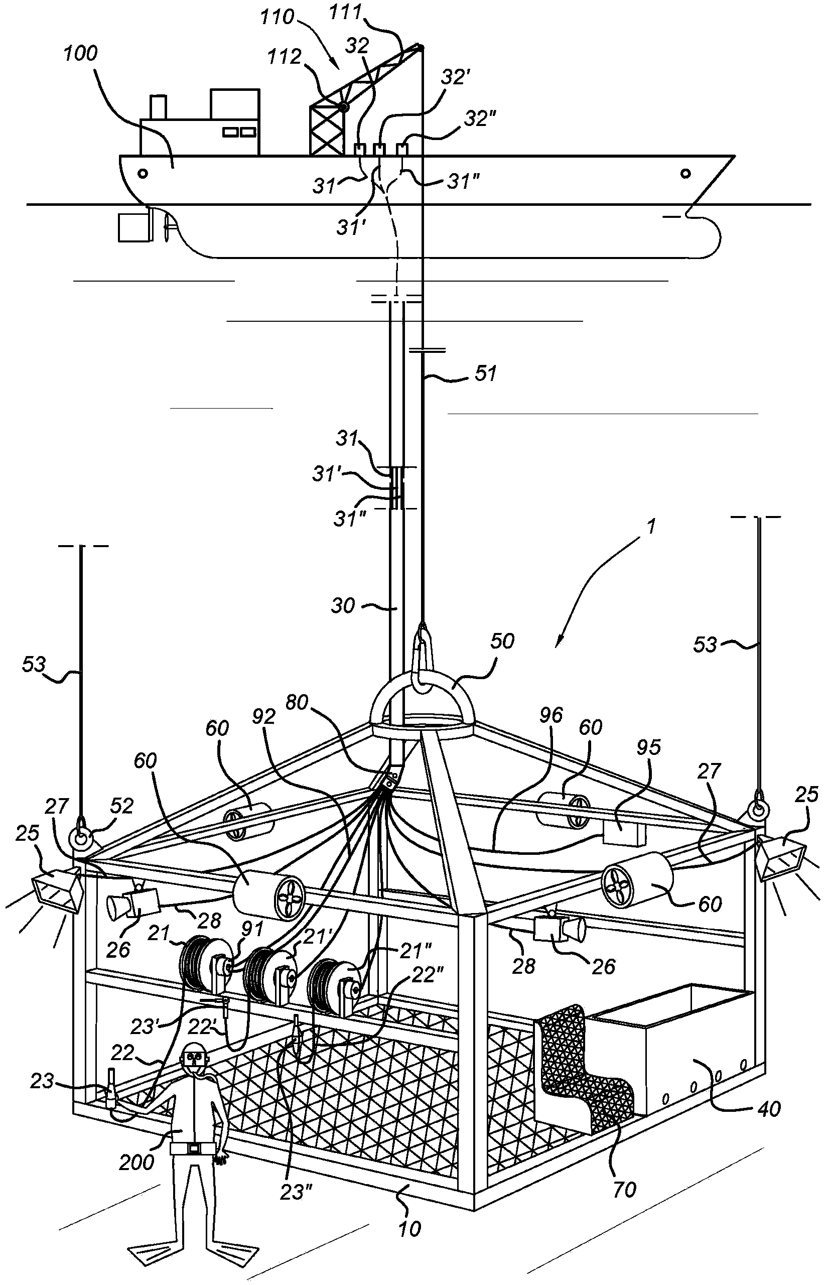 Workstation for transporting equipment to an underwater position