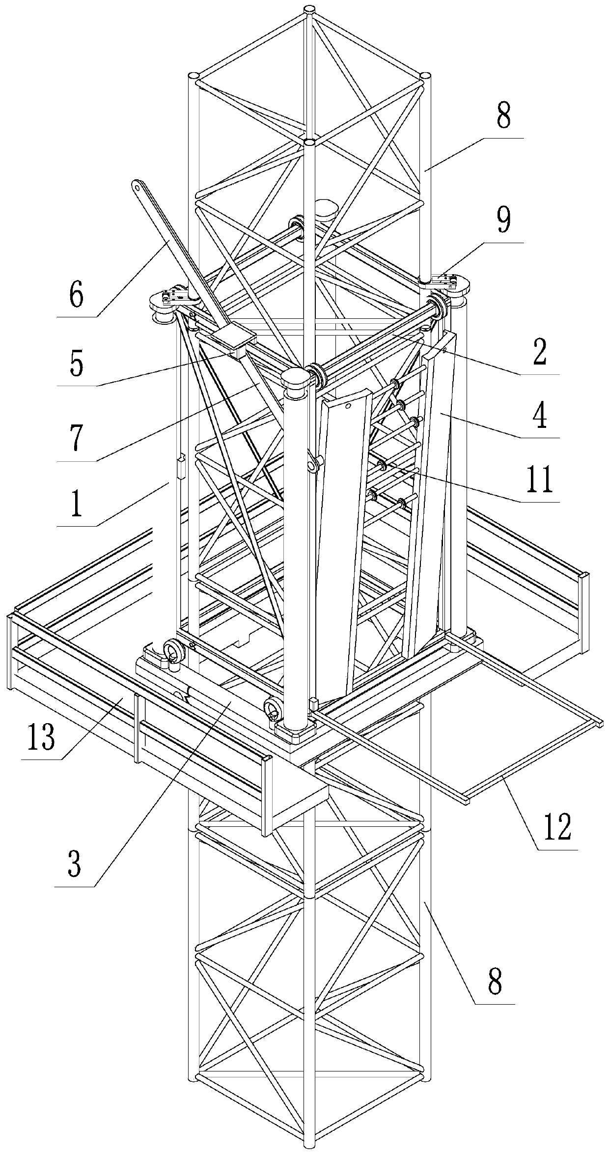 Automatic jacking in-place device and method for tower crane standard section