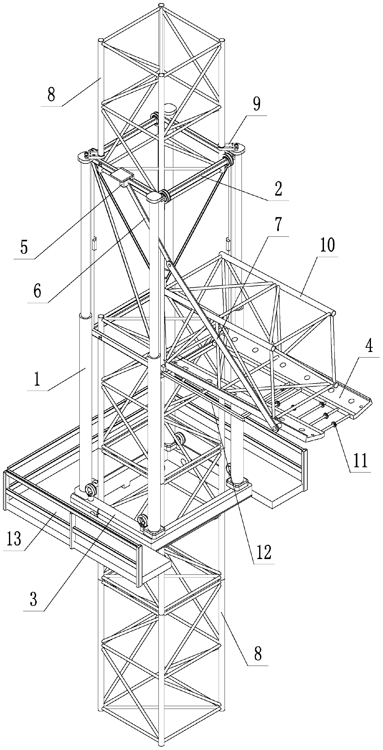 Automatic jacking in-place device and method for tower crane standard section