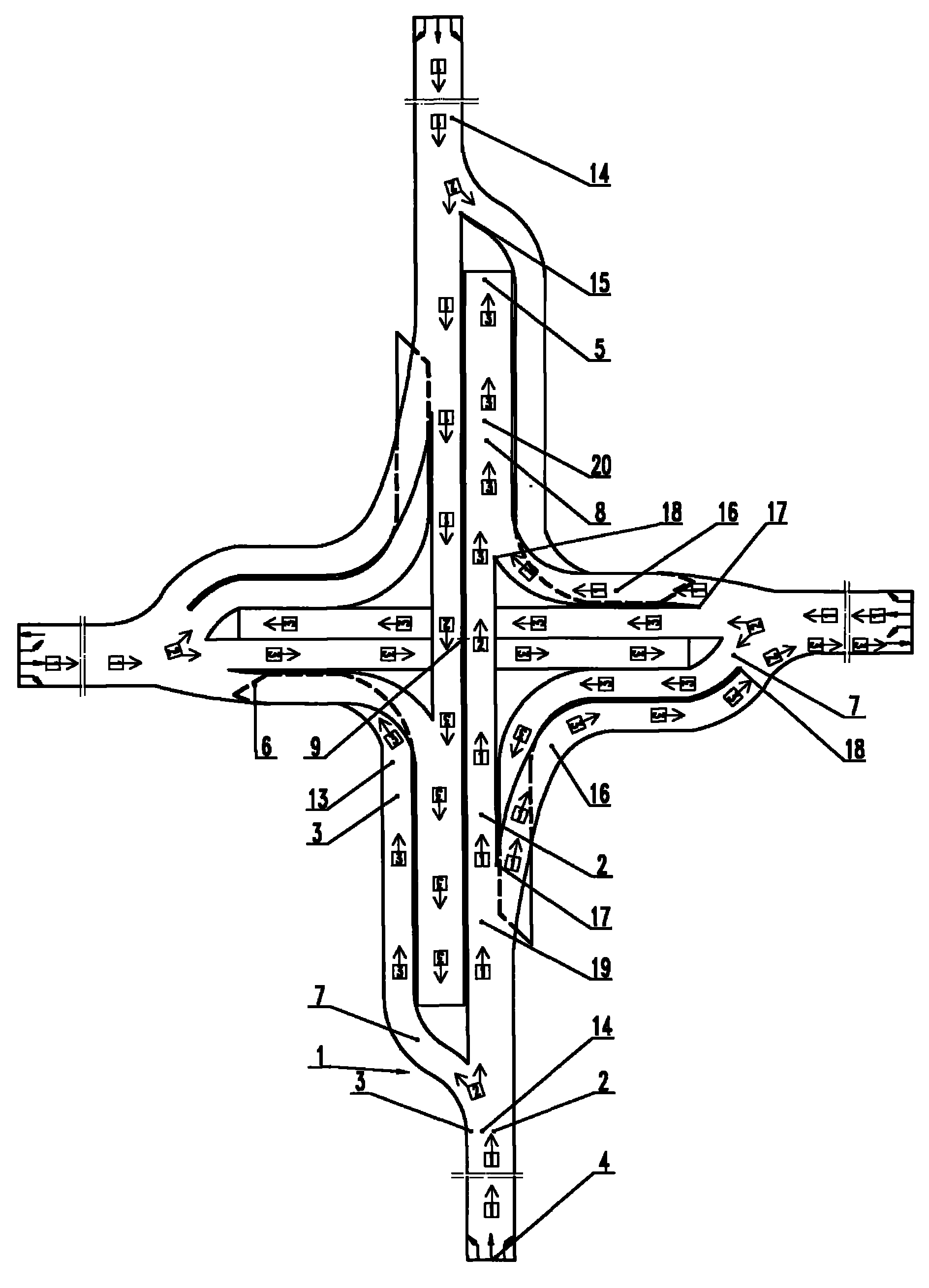 Two kinds of right-turning bridges at the crossroads full-flow cross-shaped composite bridge