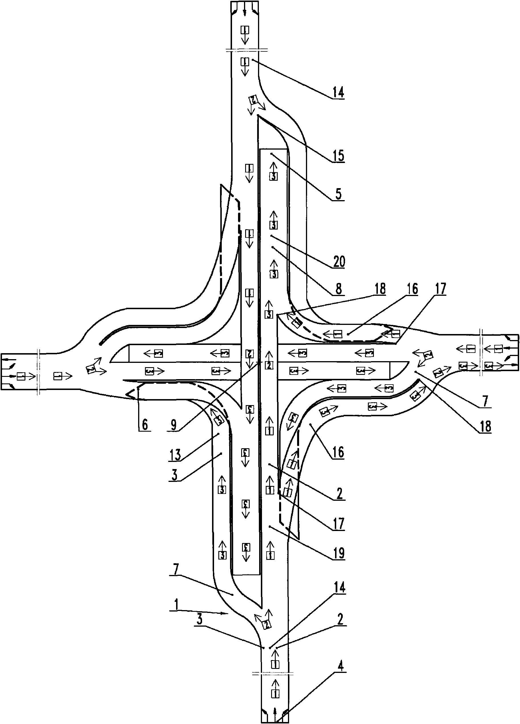 Two kinds of right-turning bridges at the crossroads full-flow cross-shaped composite bridge