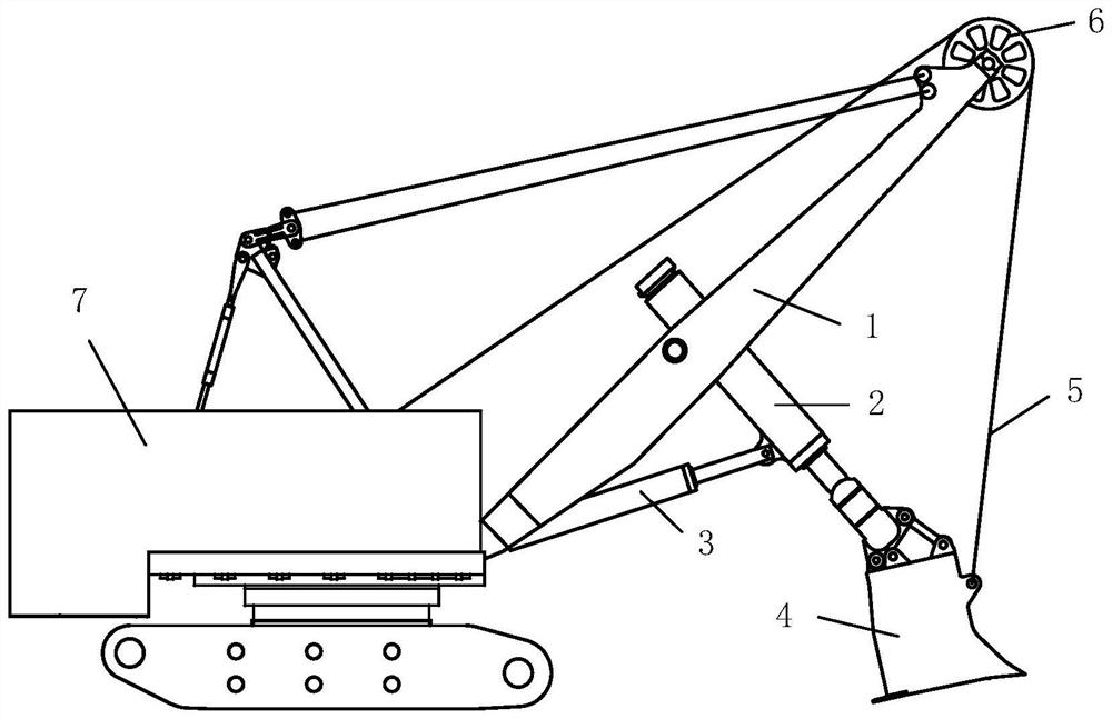 Mining electric shovel working device for electrohydraulic auxiliary operation motion