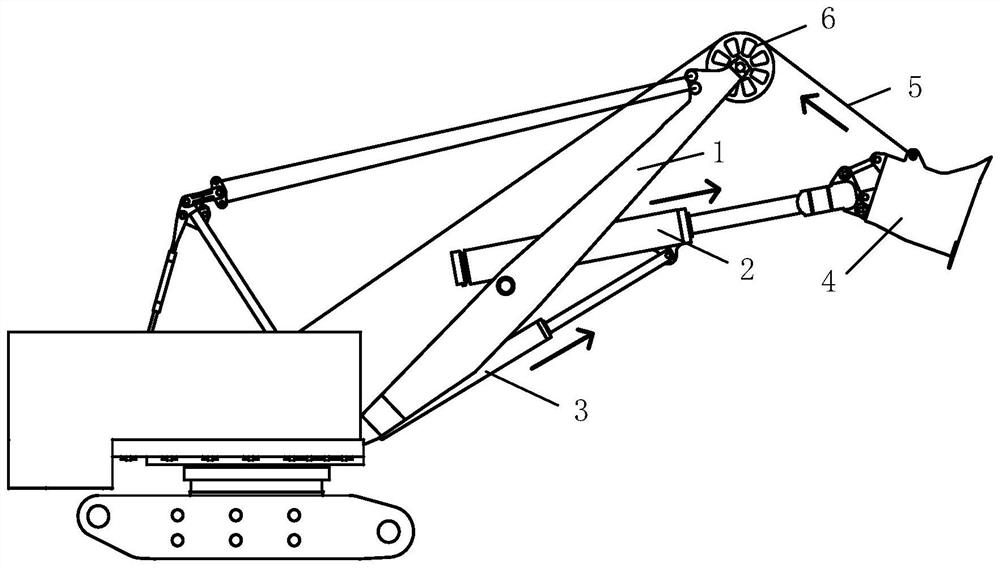 Mining electric shovel working device for electrohydraulic auxiliary operation motion
