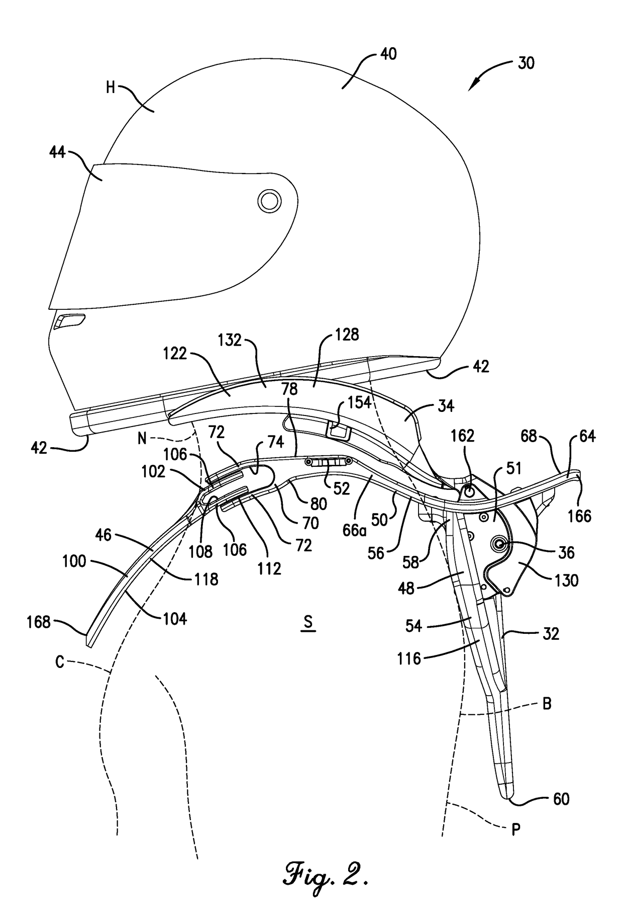 Device for reducing head and neck injury for helmet wearer