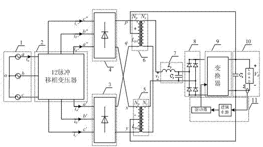 12 pulse rectifier based on harmonic injection of DCM converter and control method thereof