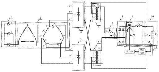 12 pulse rectifier based on harmonic injection of DCM converter and control method thereof