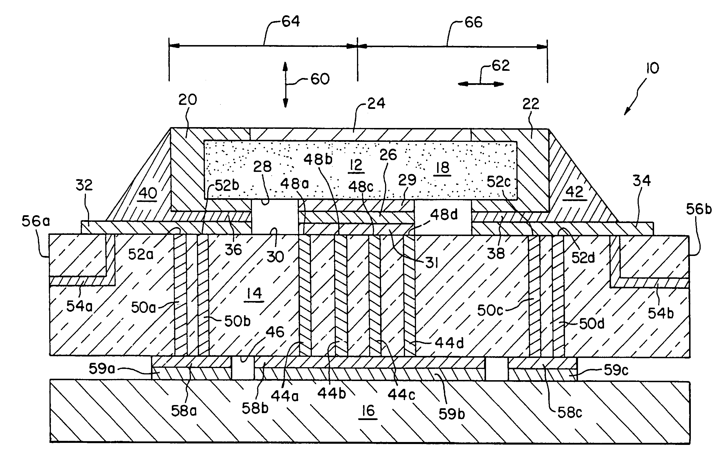 Discrete electronic component arrangement including anchoring, thermally conductive pad