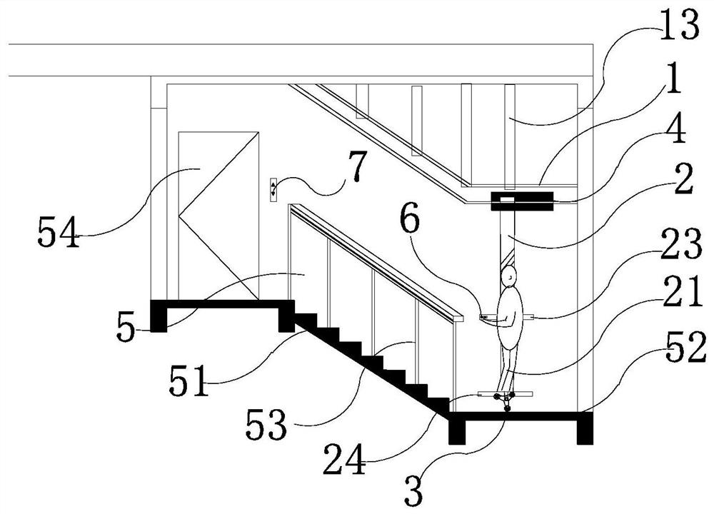 Suspended rail motor traction stair climbing machine and stair climbing method thereof