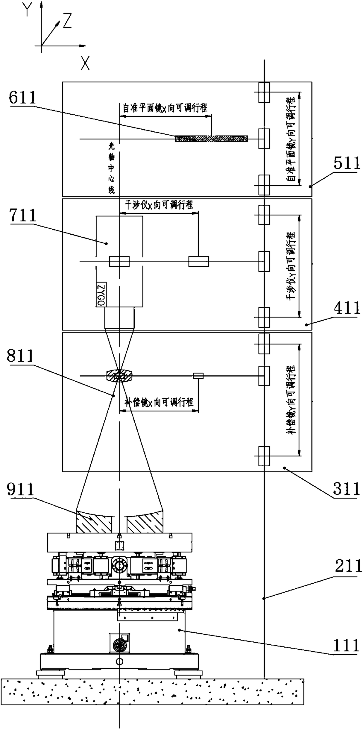 A vertical installation and inspection device and installation and inspection method for an optical system