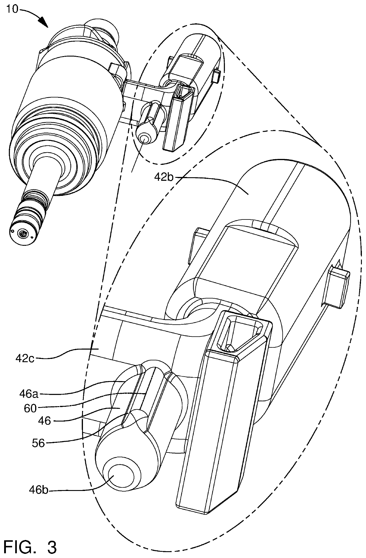 Fuel injector with a locating pin, internal combustion engine using the same, and method