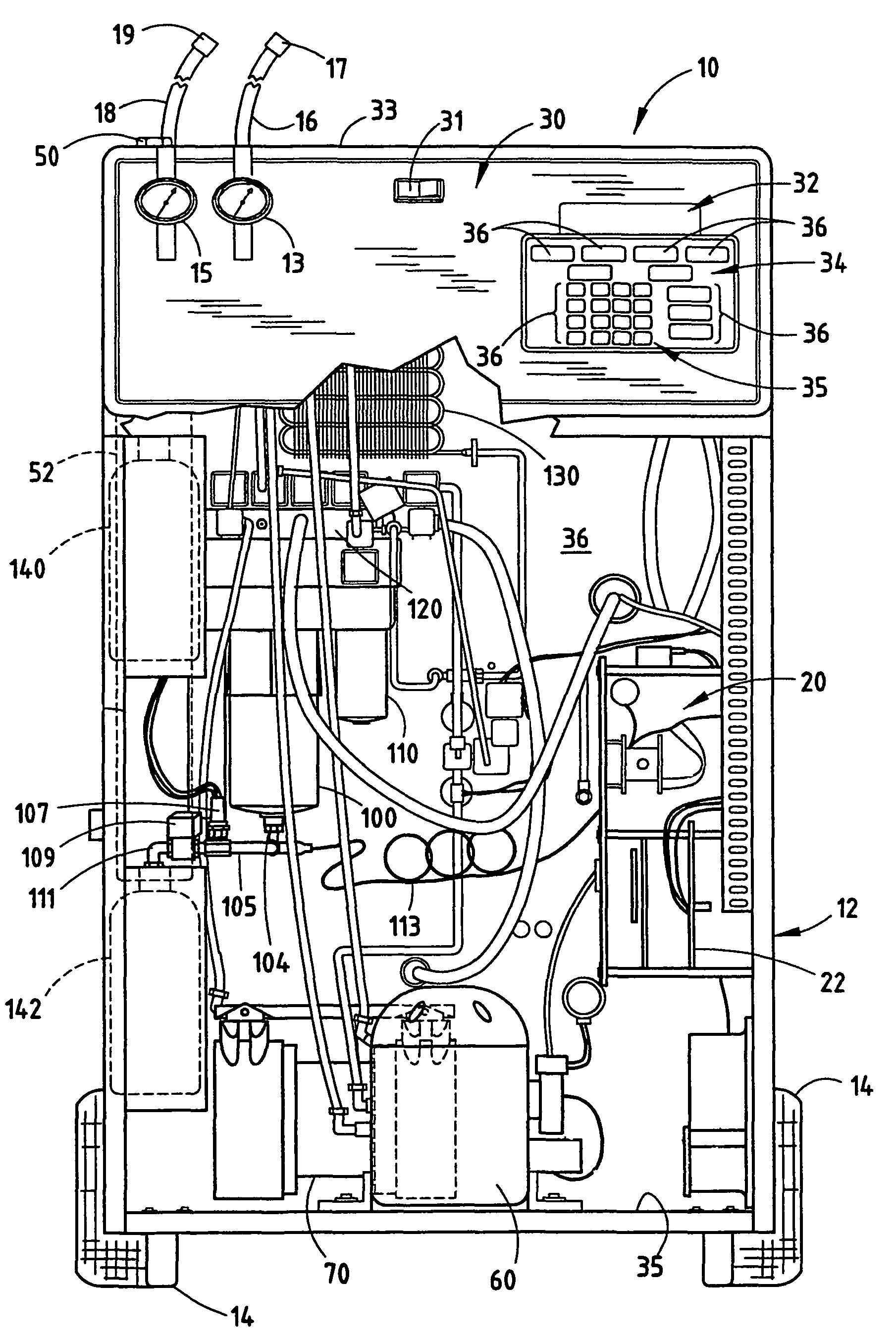 Internal clearing function for a refrigerant recovery/recharge machine