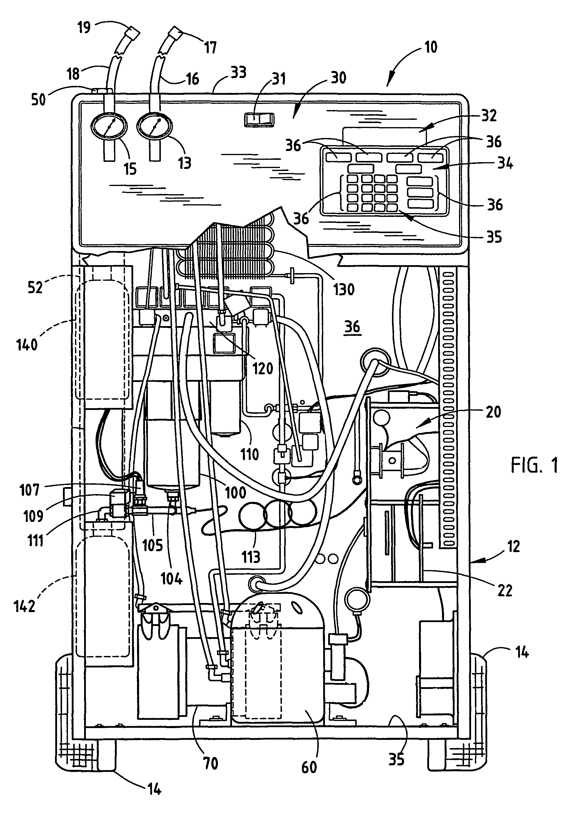 Internal clearing function for a refrigerant recovery/recharge machine