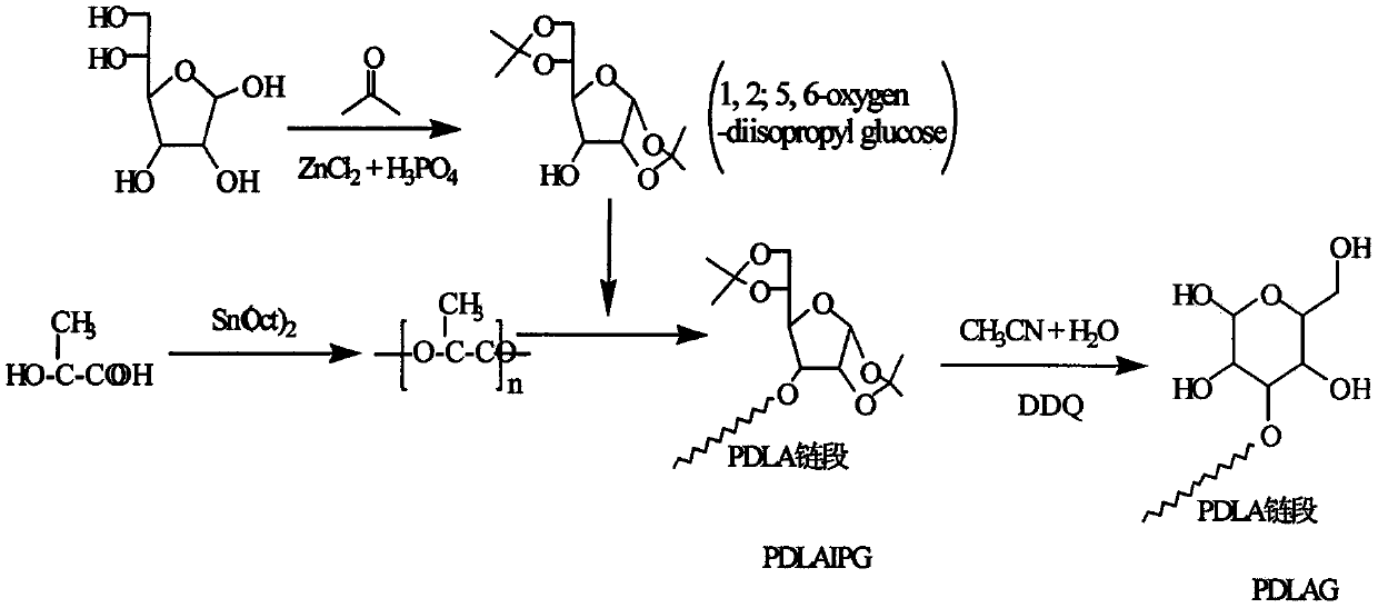 Glucose group-terminated poly D-lactic acid diblock copolymer material and preparation method thereof