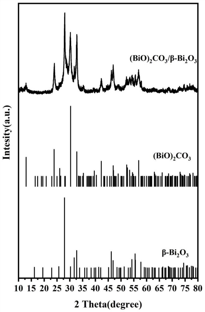 Bi2O3/(BiO)2CO3 heterojunction semiconductor photocatalyst and preparation method thereof