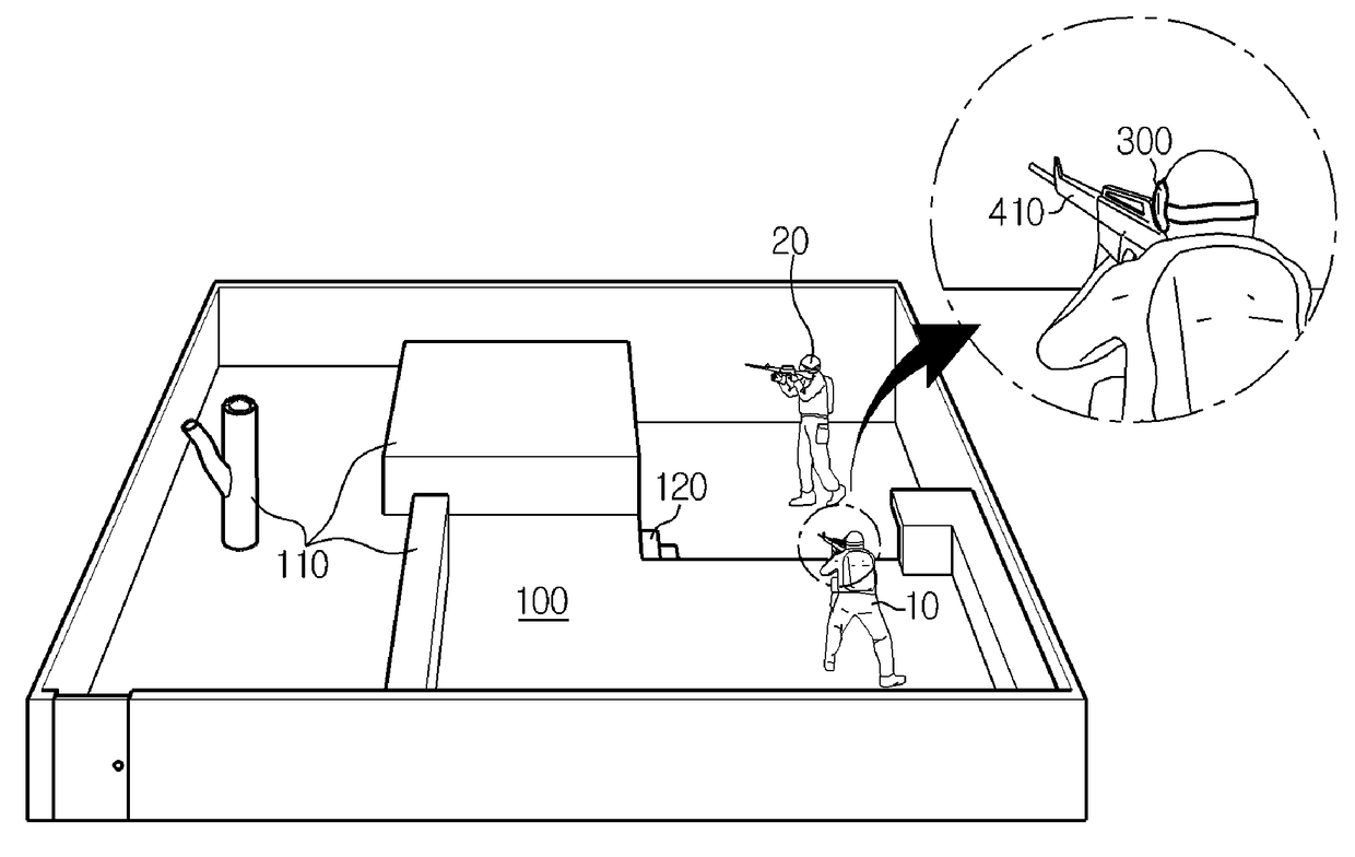 Virtual reality system enabling compatibility of sense of immersion in virtual space and movement in real space, and battle training system using same