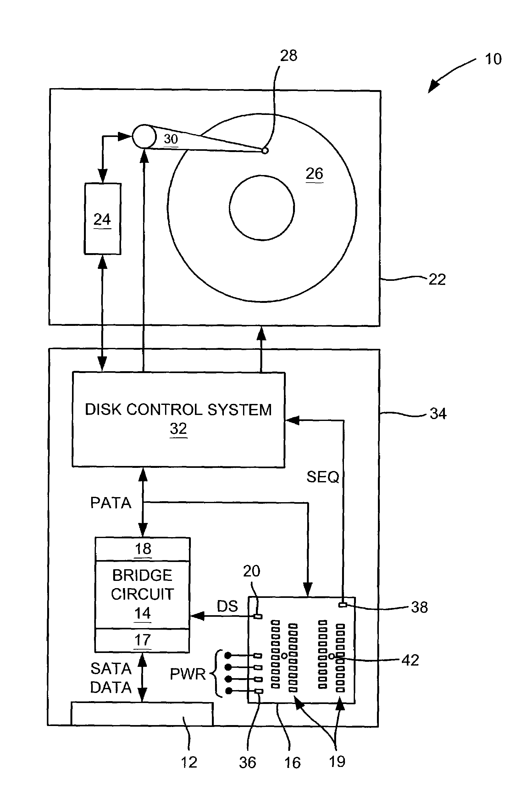 Serial ATA disk drive having a parallel ATA test interface and method