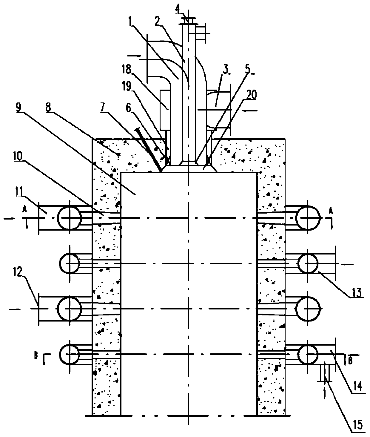 Low-nitrogen combustion process and device combining direct flow with rotational flow and supplying air at multiple stages in hearth
