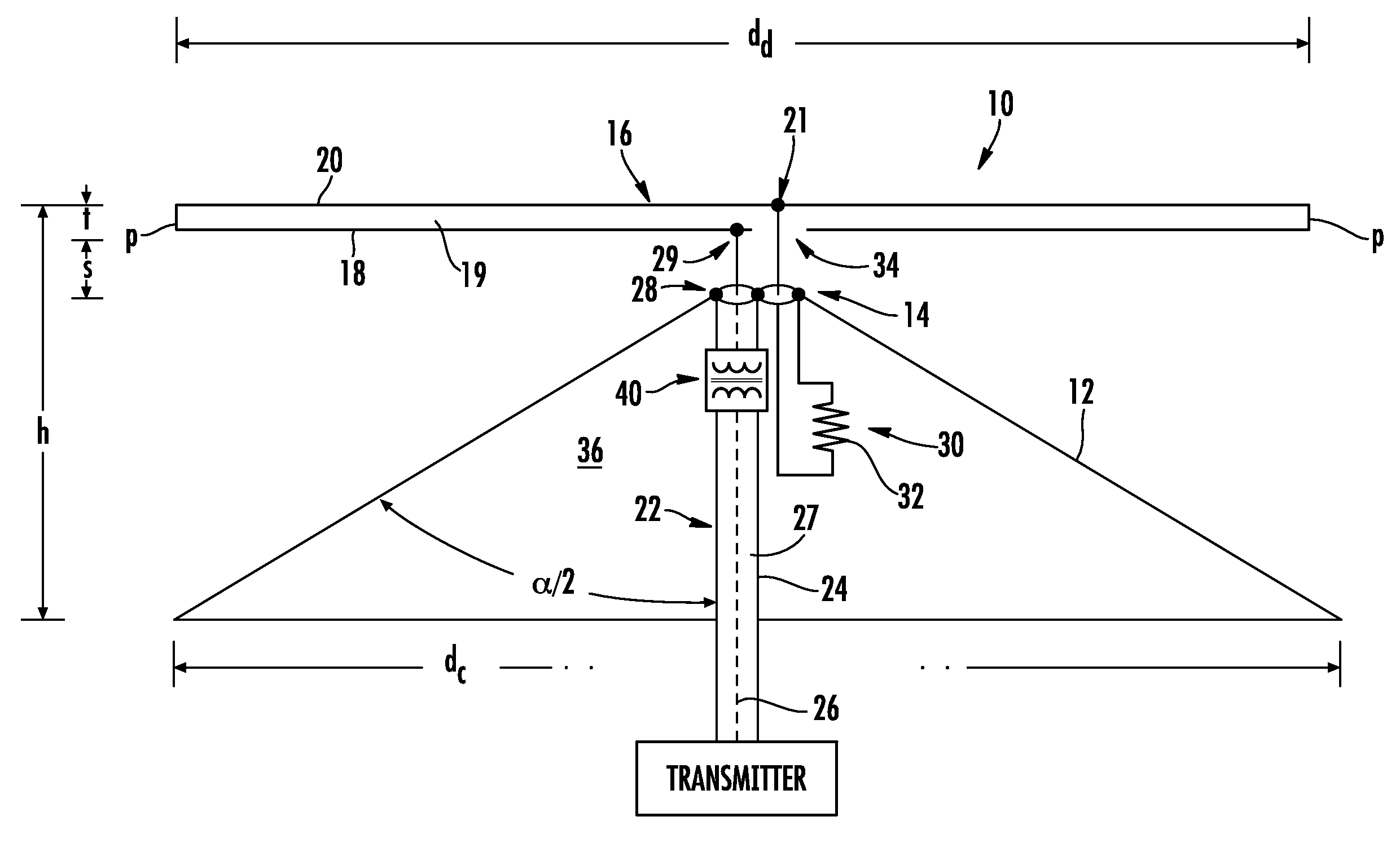 Broadband terminated discone antenna and associated methods