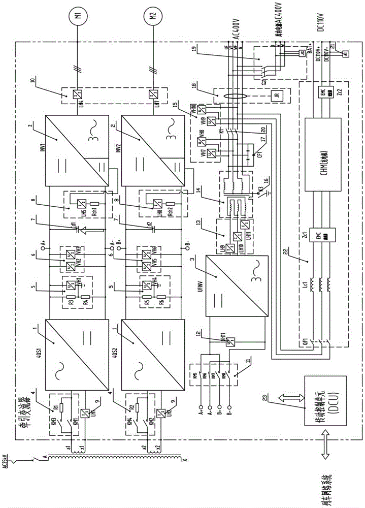 Train main and auxiliary integrated traction converter capable of being axially controlled independently
