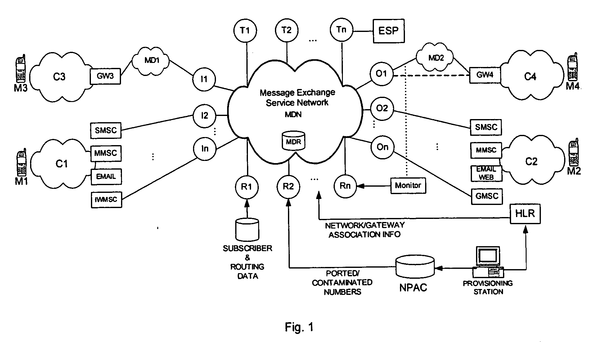Intermediary network system and method for facilitating message exchange between wireless networks