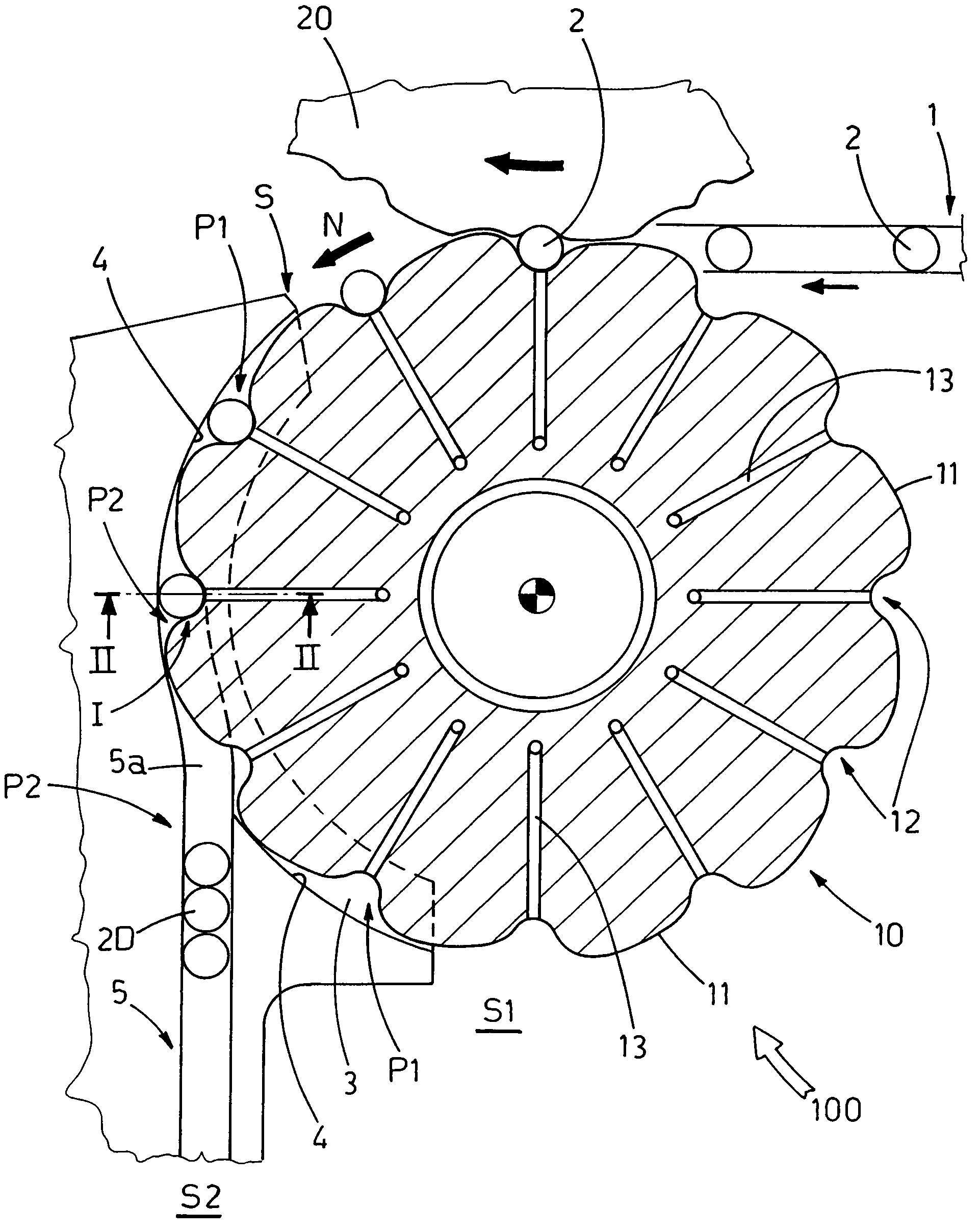 Work unit for conveying bottles between two stations and for rejecting faulty bottles