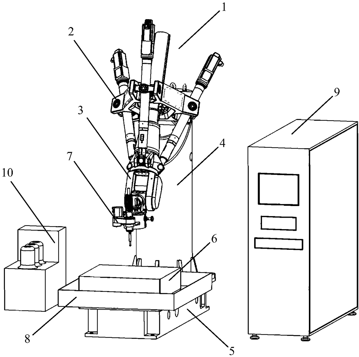 Six-degree-of-freedom parallel series polishing robot pose precision calibration device and method