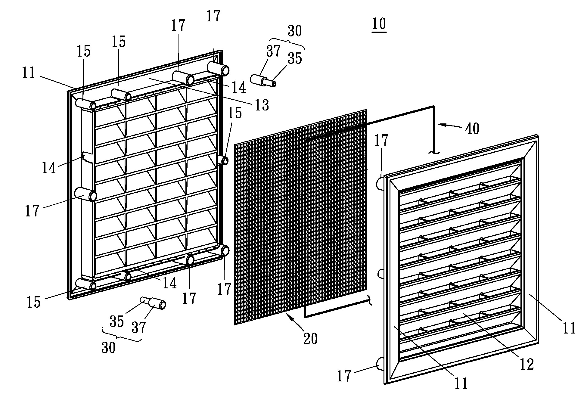 Two part grille with interlocking connections for assembly in doors or the like