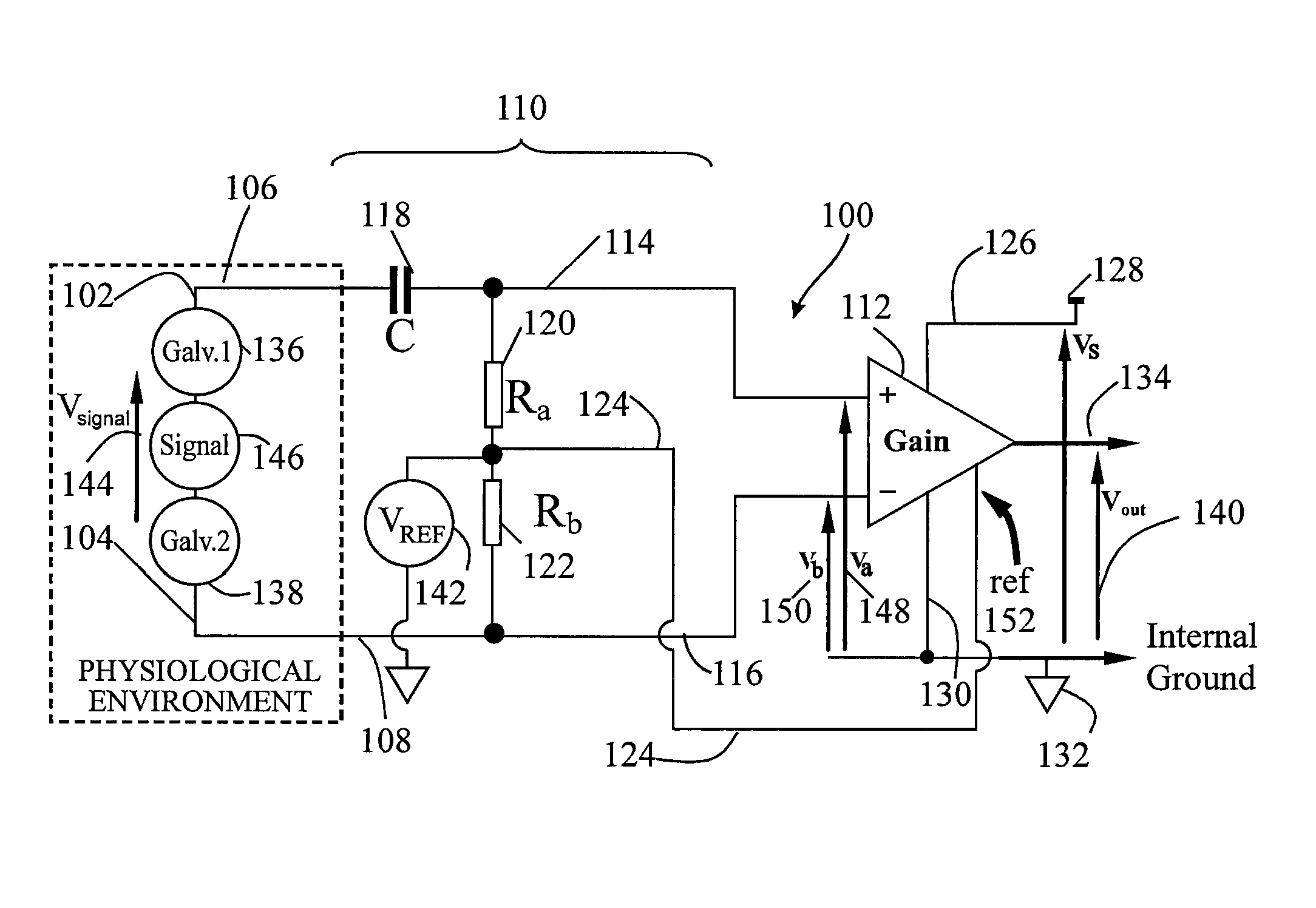 Signal sensing in an implanted apparatus with an internal reference