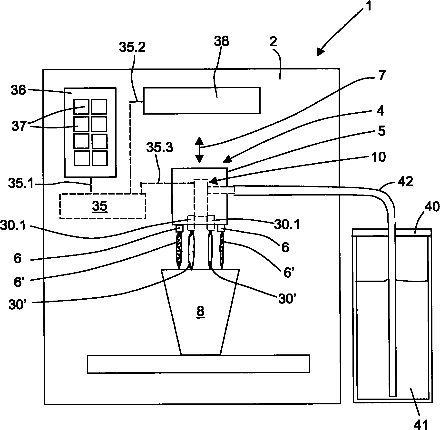 Dispensing device for milk and/or foam and a coffee machine comprising such a dispensing device