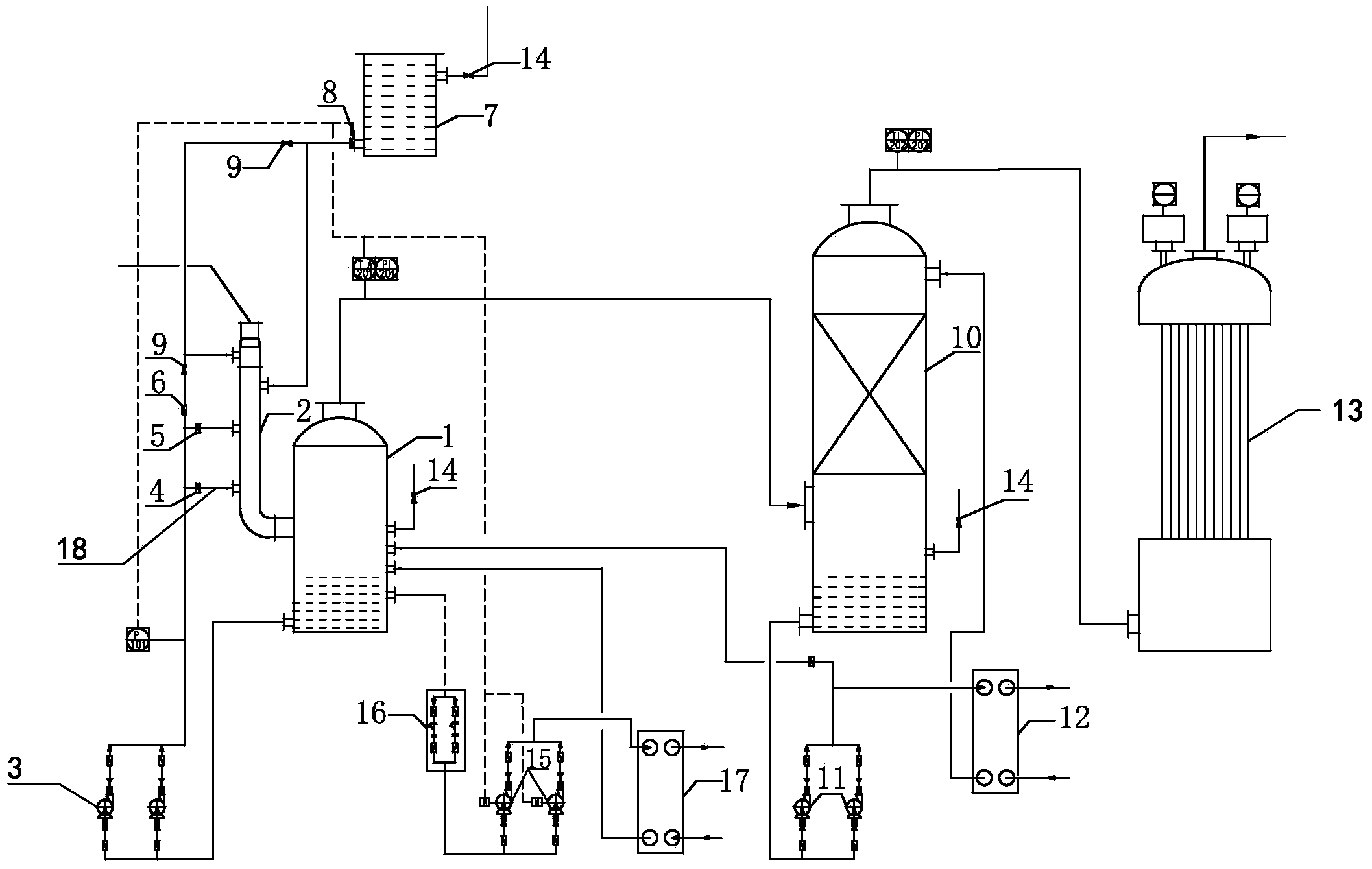 System for solving ultrahigh gas temperature of dynamic wave furnace of waste acid recycling device