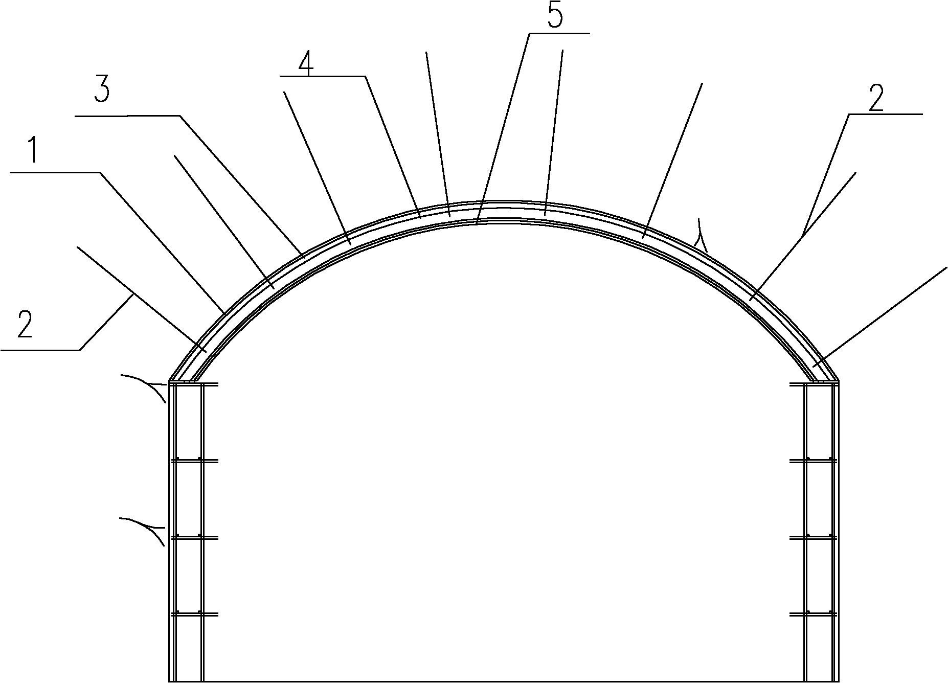 Cavern arch mould spraying concrete construction structure and process