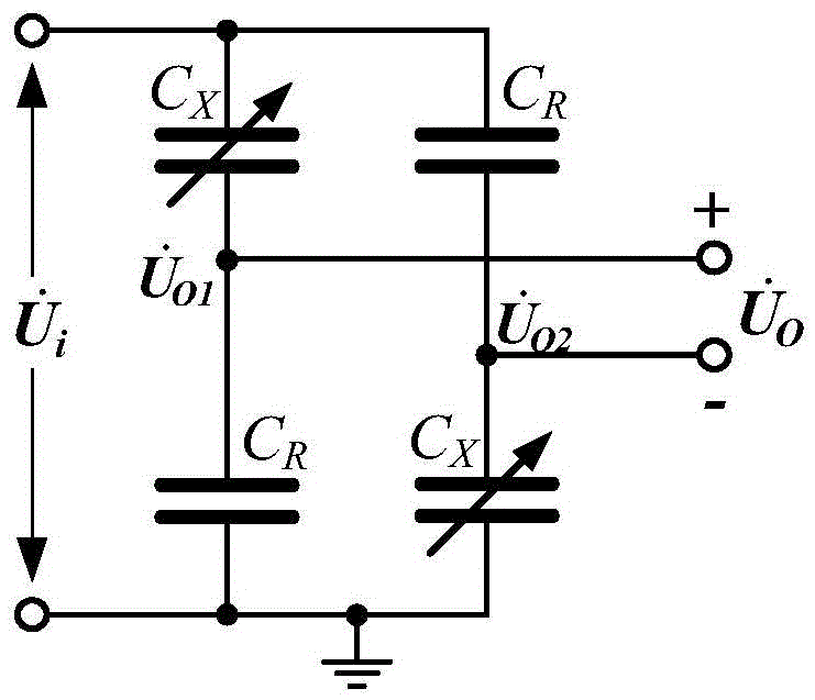 Capacitance sensor complementary excitation and linear detection circuit for oil detection
