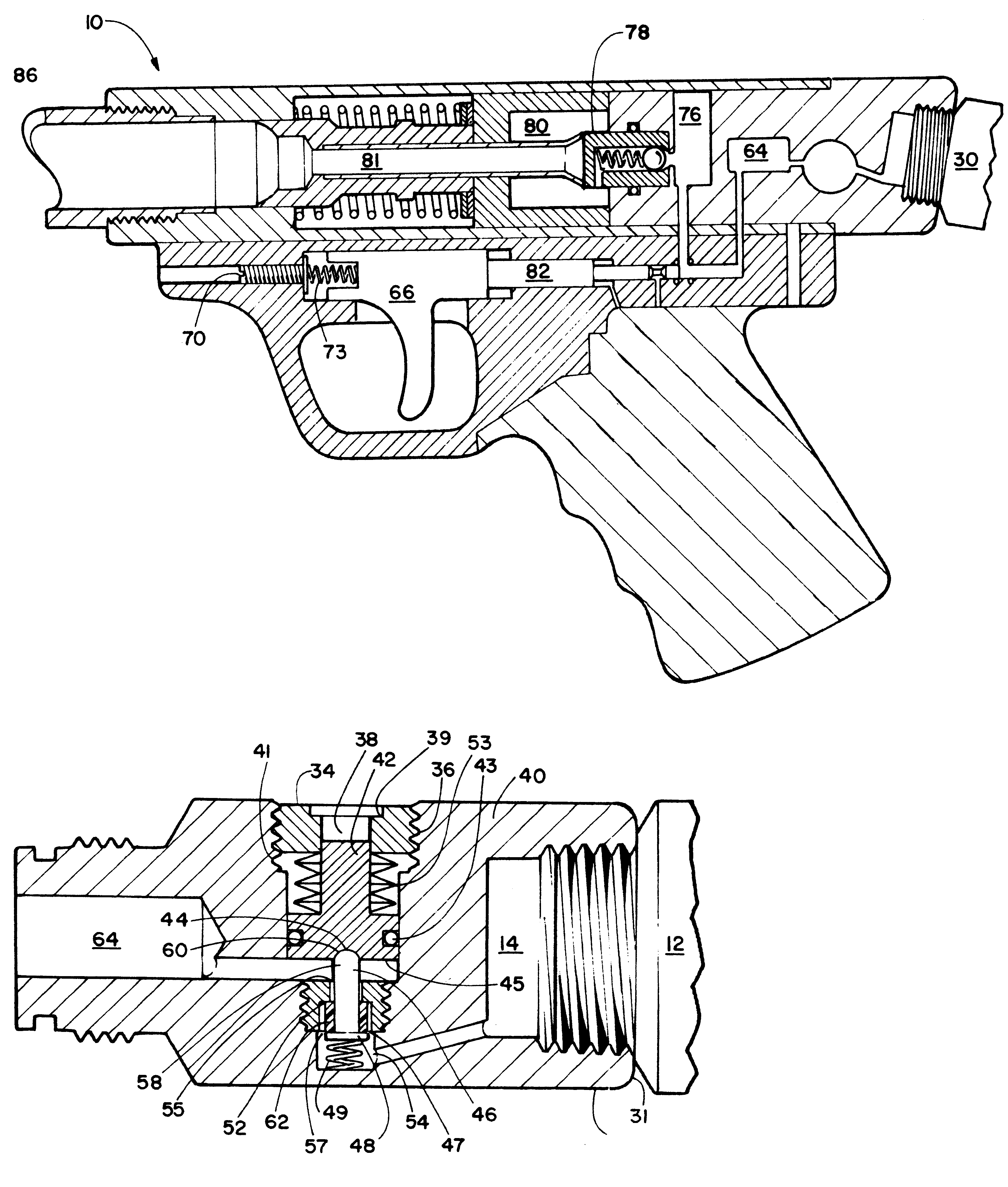 Gas powered gun and assemblies therefor